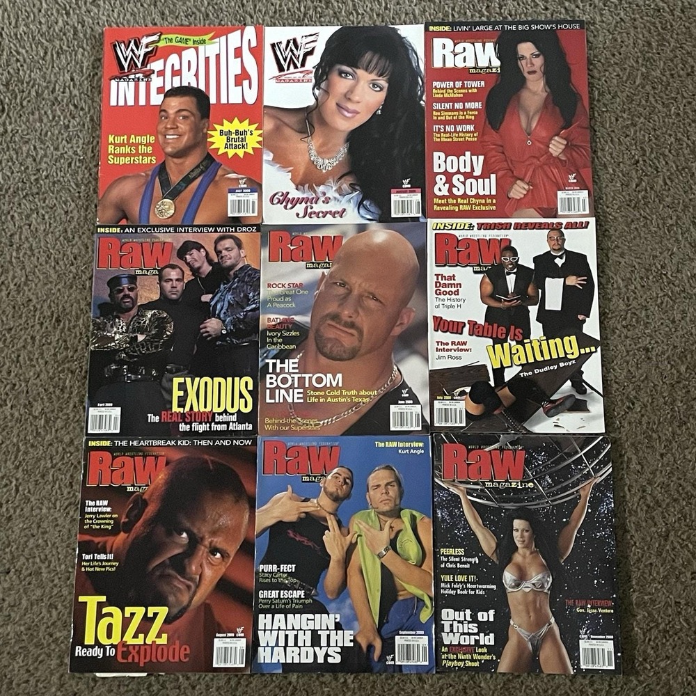 Vintage 2000 WWF Raw Magazine Lot of 9 Chyna Austin Angle Hardys Tazz Benoit